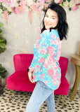 Blue & Pink Floral Lizzy Wrinkle Free Top | S-3X