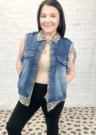 Untamed Edge Denim & Leopard Print Vest | S-3X