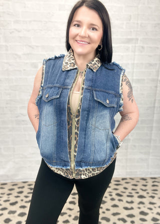 Untamed Edge Denim & Leopard Print Vest | S-3X