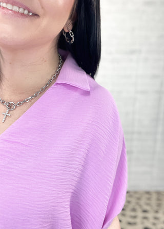 Mauve Woven Airflow Collared V-Neck Top | S-3X