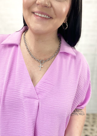 Mauve Woven Airflow Collared V-Neck Top | S-3X