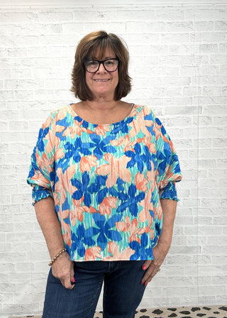 Watercolor Bloom Floral Smocked Sleeve Top | S-3X